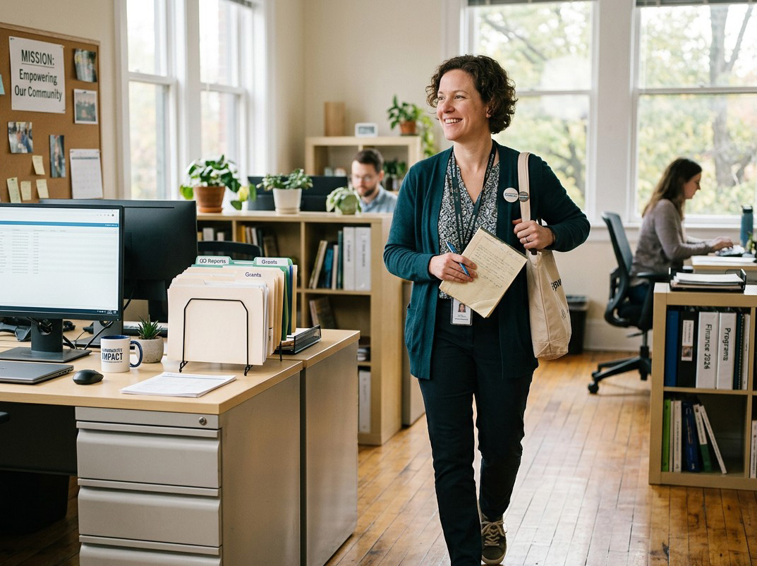 A nonprofit staff member finishing an administrative task and moving confidently into the rest of the day.