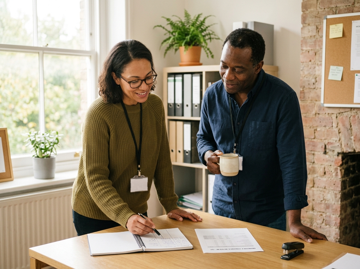 Two nonprofit team members talking together in a calm office setting.