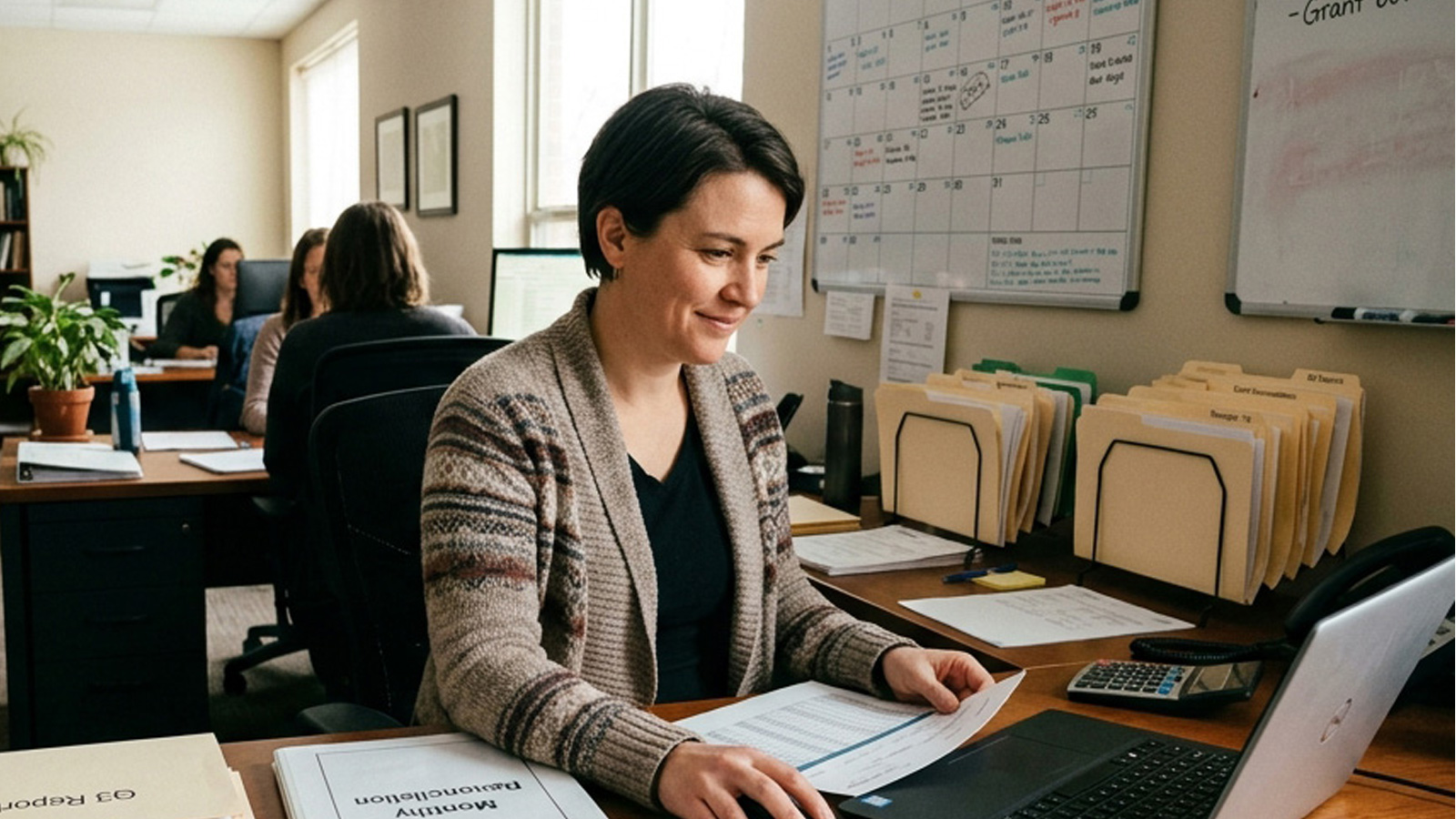 A nonprofit bookkeeper working at an organized desk while entering transactions in NP Ledger.