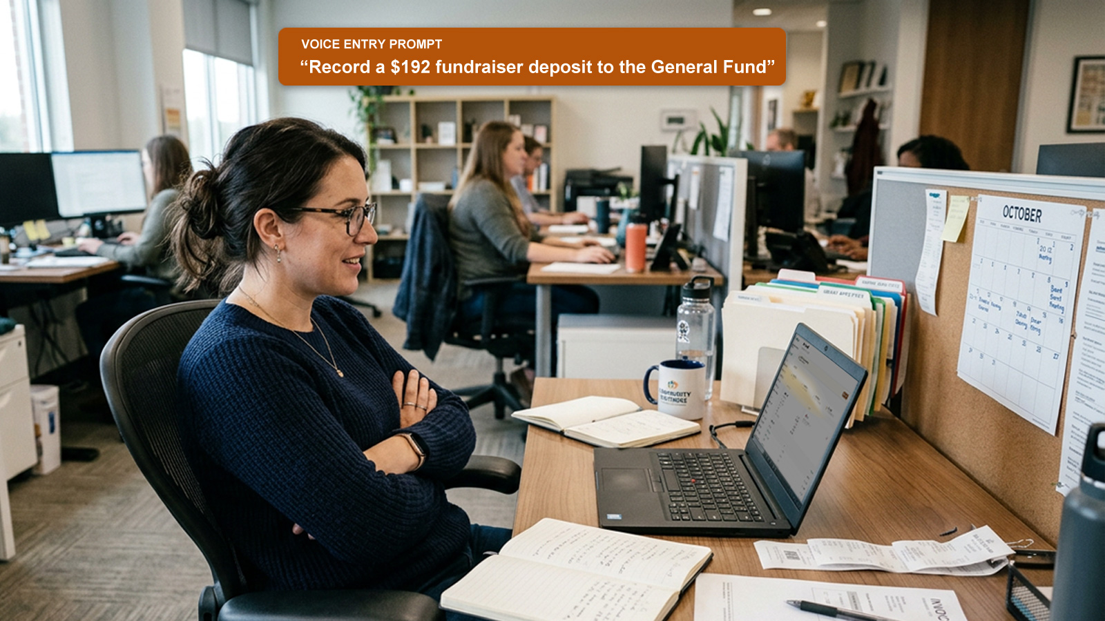 A nonprofit bookkeeper using voice entry with NP Ledger open on a laptop.