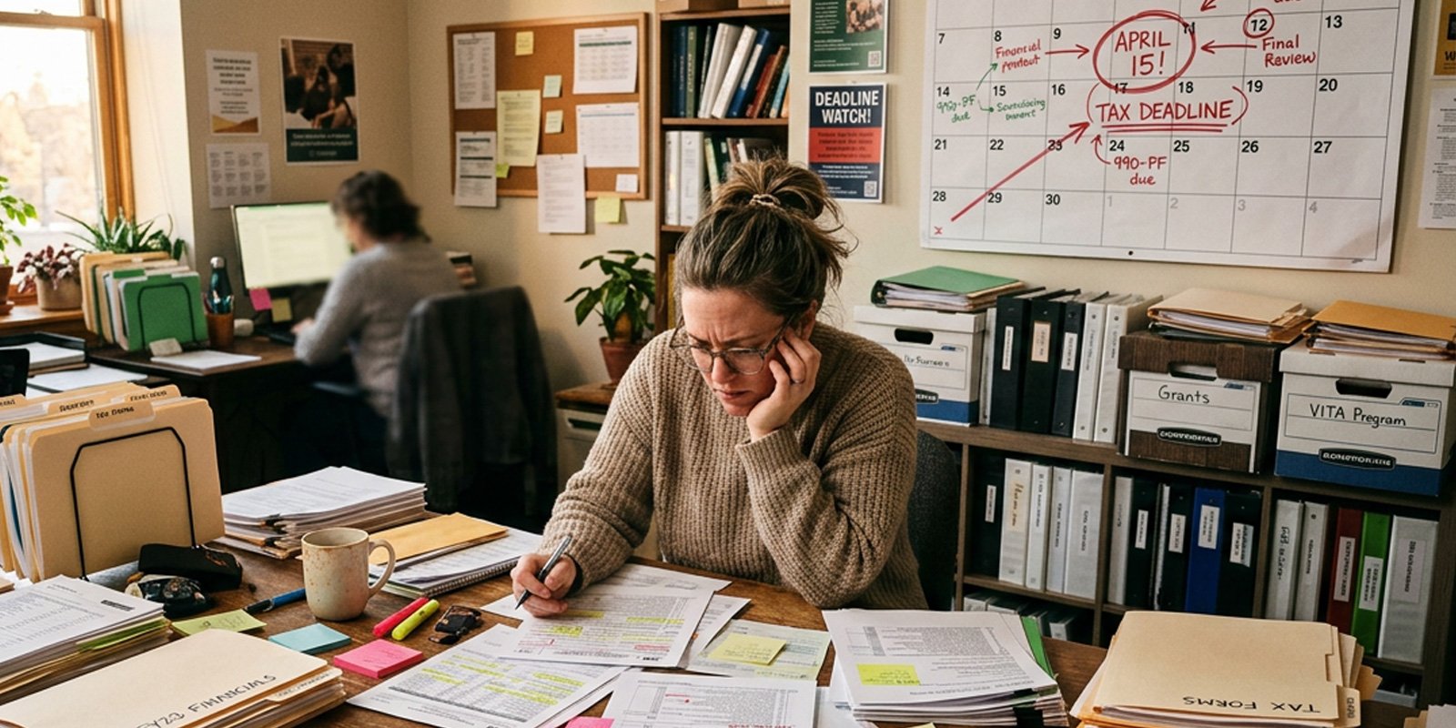 A nonprofit team member handling tax-season paperwork and filing deadlines.