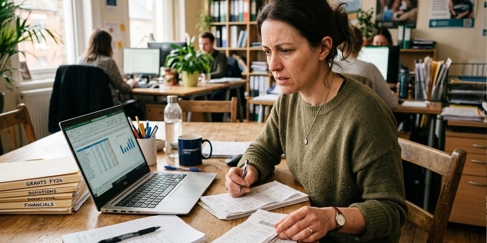 A nonprofit staff member cross-checking spreadsheet work with notes and receipts.