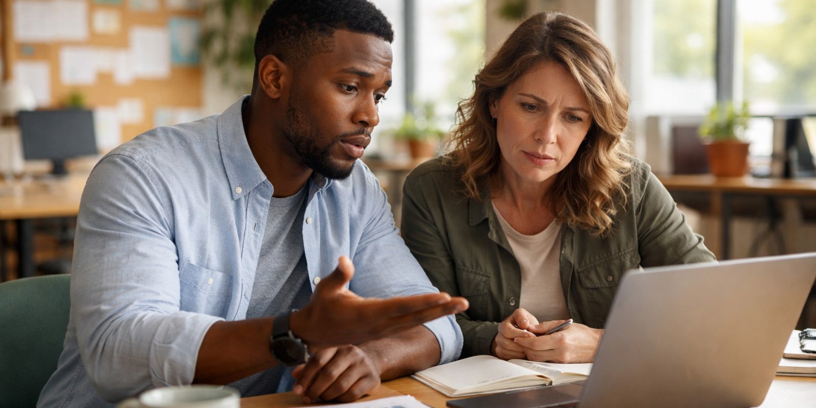 Two nonprofit team members reviewing bookkeeping questions together.
