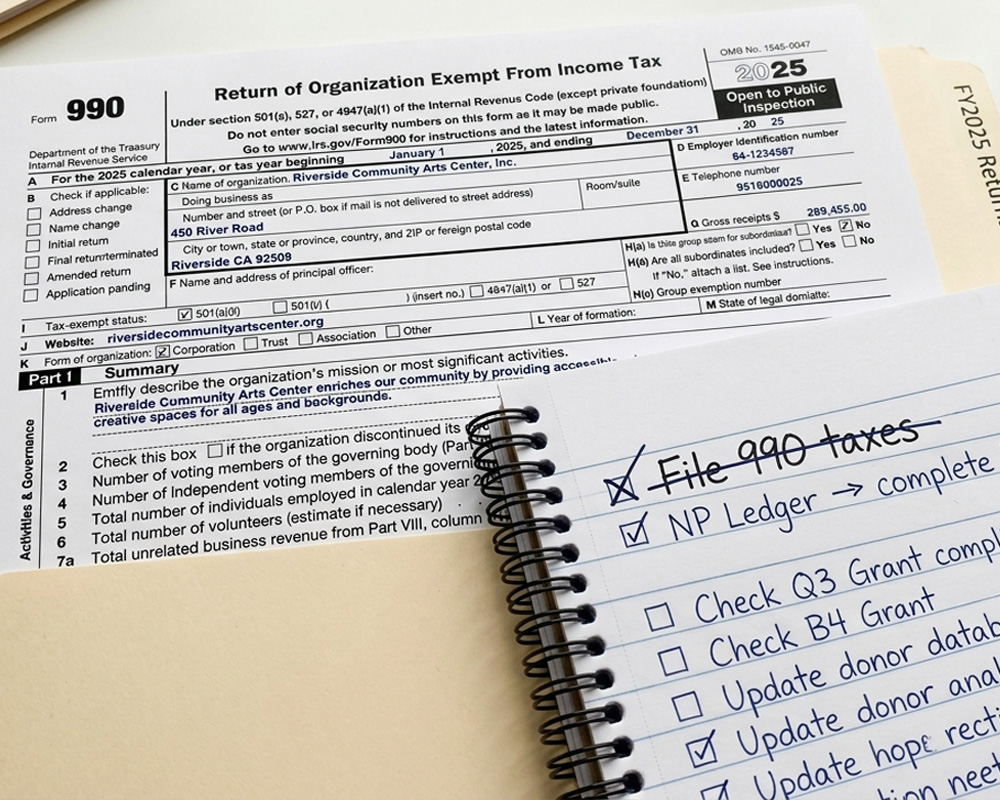 Organized IRS Form 990 filing materials with a checked-off to-do list showing the filing work is complete.