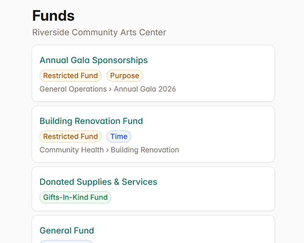 NP Ledger mobile Funds view showing restricted funds, restriction details, gift-in-kind funds, and general funds.