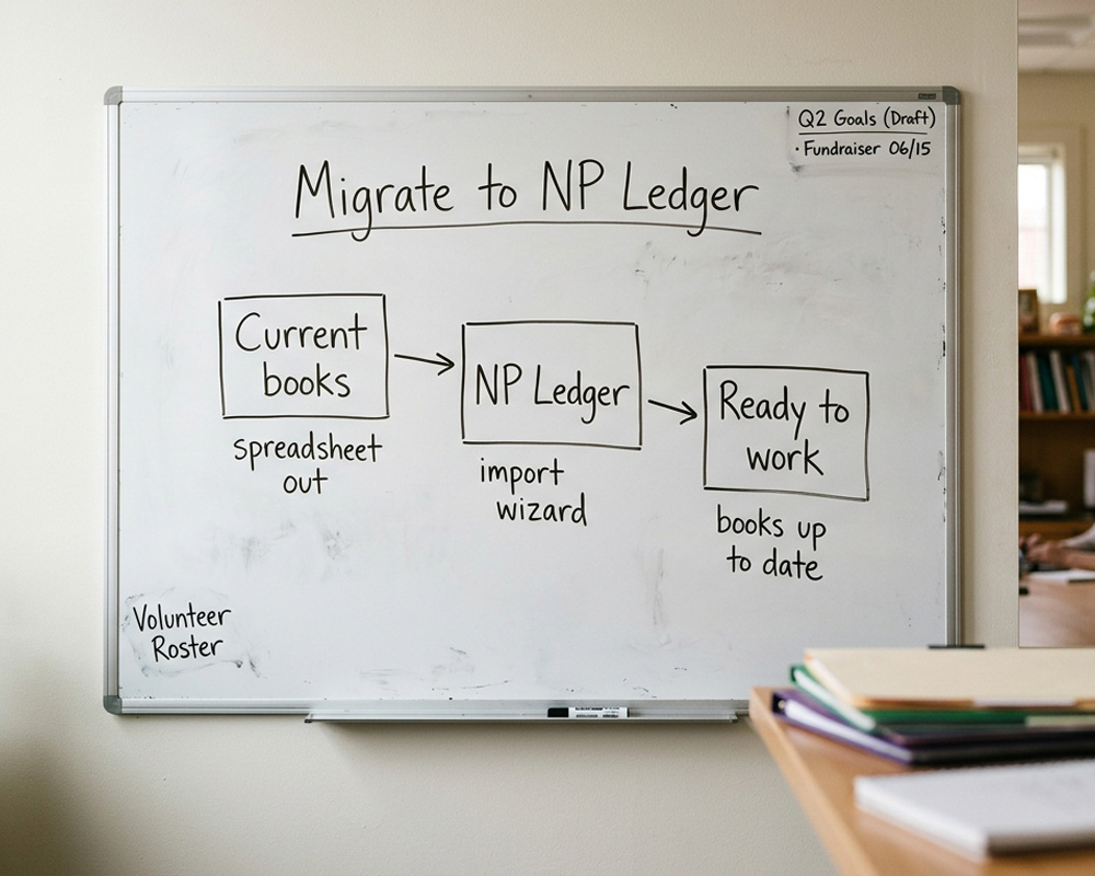 Handwritten migration flow showing current books moving into NP Ledger and ending ready to work.