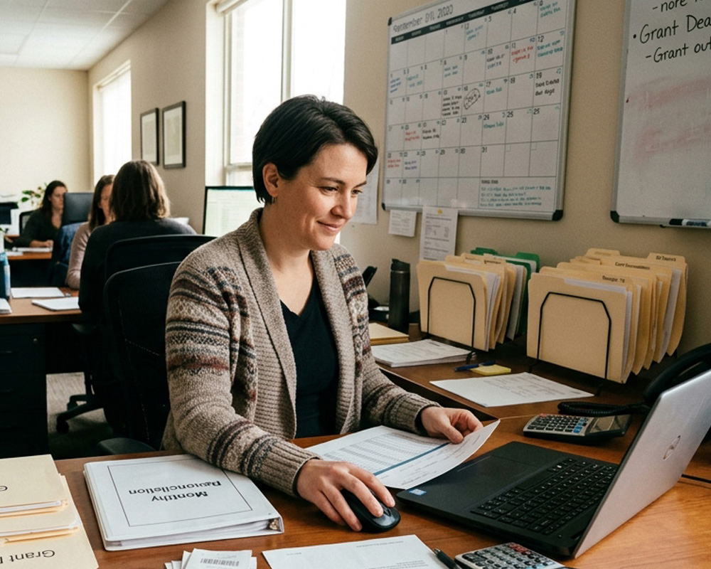 A nonprofit bookkeeper entering transactions in NP Ledger on mobile.
