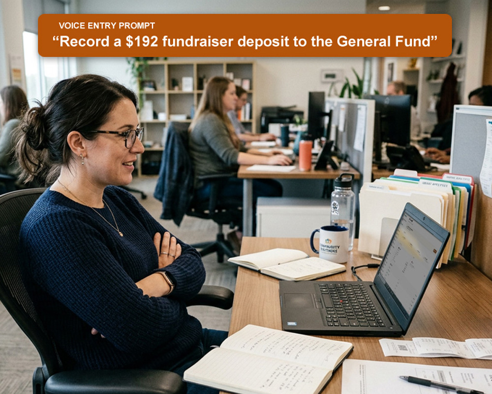 A nonprofit bookkeeper speaking to NP Ledger with an editorial voice-entry prompt overlay.