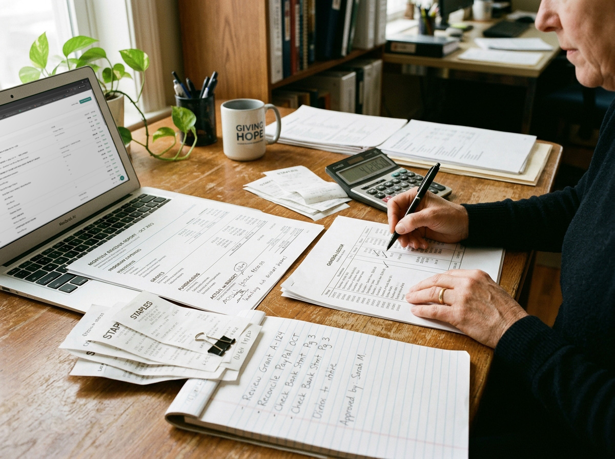 A nonprofit finance workflow in progress with reports and reconciliation materials.