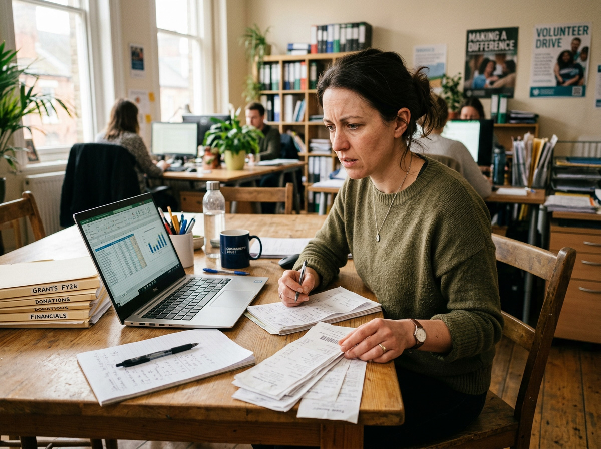 A nonprofit staff member cross-checking spreadsheet work with notes and receipts.