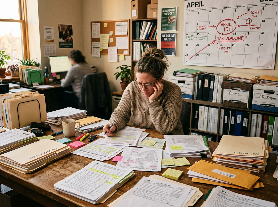 A nonprofit team member handling tax-season paperwork and filing deadlines.