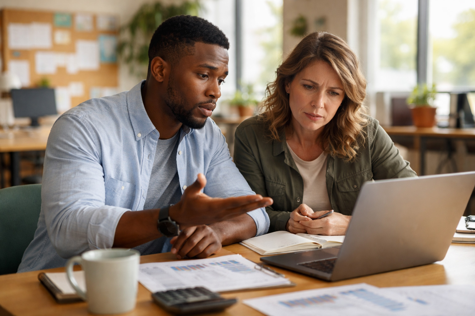 Two nonprofit team members reviewing bookkeeping questions together.